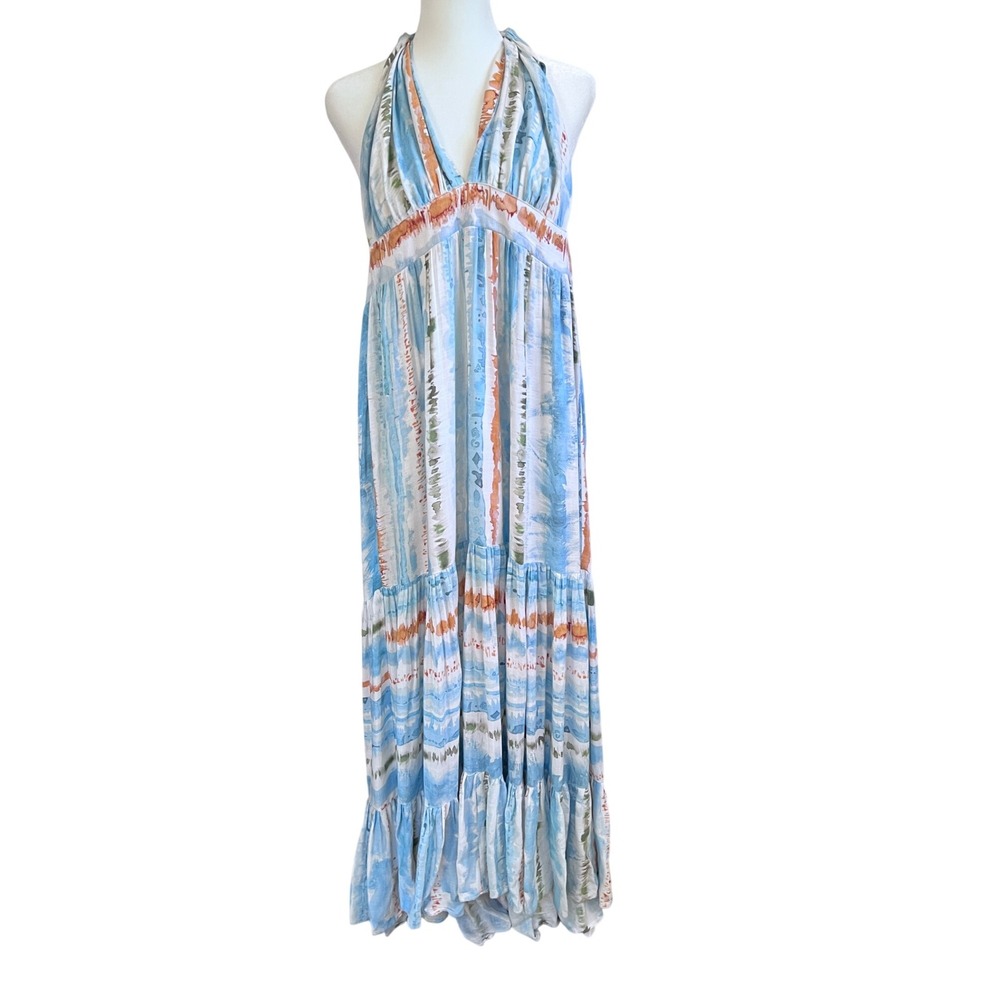 Watercolor Halter Backless Tiered Full Maxi Dress Blue Multi Goddess‎ READ